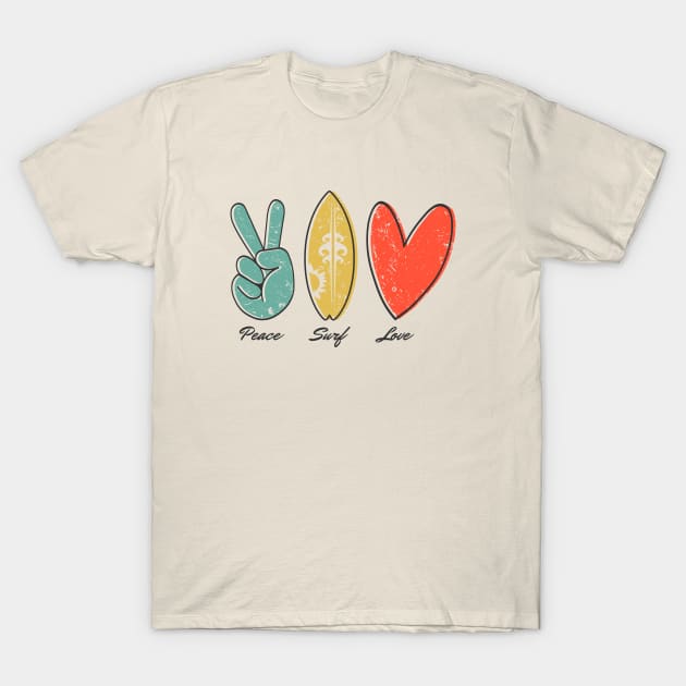 Peace, Surf, Love, finger peace sign, surfboard, Heart Ribbon T-Shirt by Yurko_shop